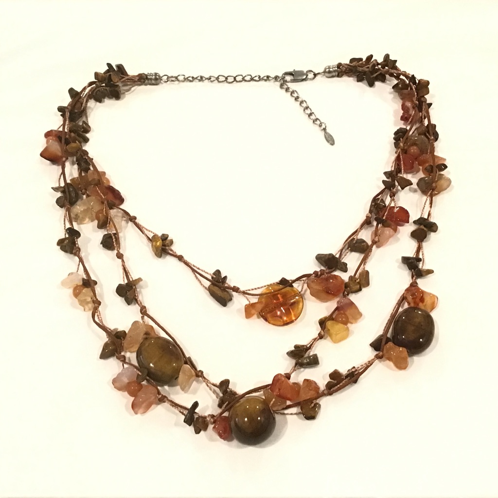Signed Esmor Orange Agate Ceramic & Glass Beaded 3 Row Boho Necklace 21